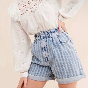 We the Free x Free People Striped High-Waist Denim Shorts - Light Blue Stripes